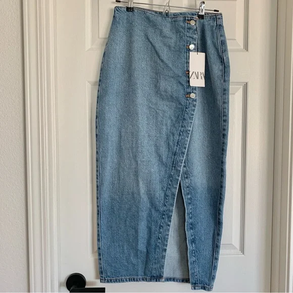 [🌟 PRICE FIRM] ZARA Denim Crossover Midi Skirt Blue Jean Pencil Skirt w/ Slit - Picture 5 of 15